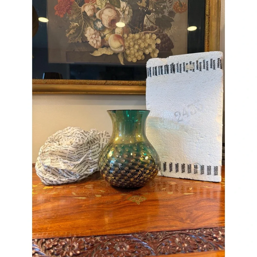 Signed Barbini Murano Art Glass Vase Emerald Green Gold Aventurine Bullicante 7